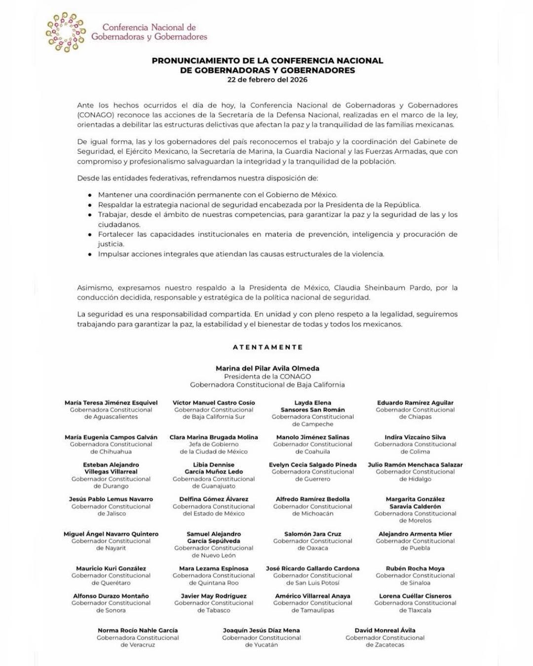 Salgado comparte comunicado de la CONAGO en respaldo a la paz y el orden