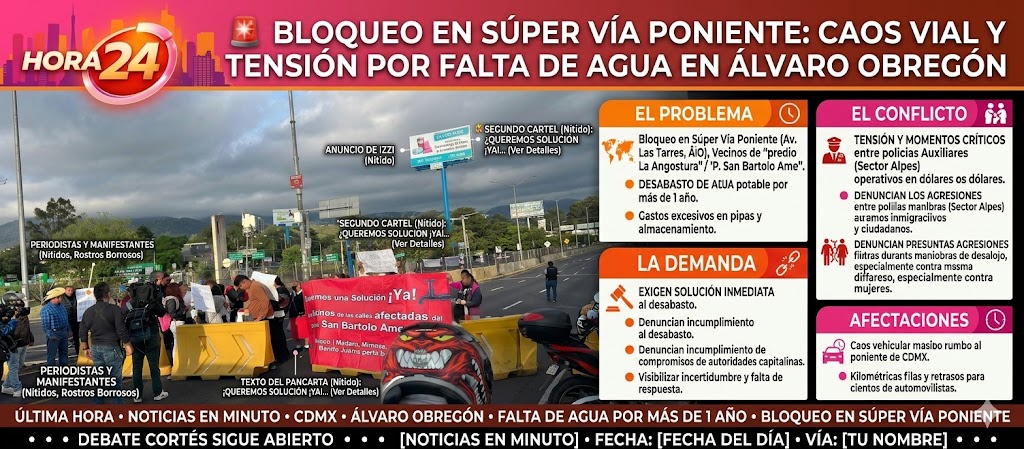 ¡Caos en la Súper Vía Poniente! Desesperación por falta de agua desata bloqueo y tensión con la policía
