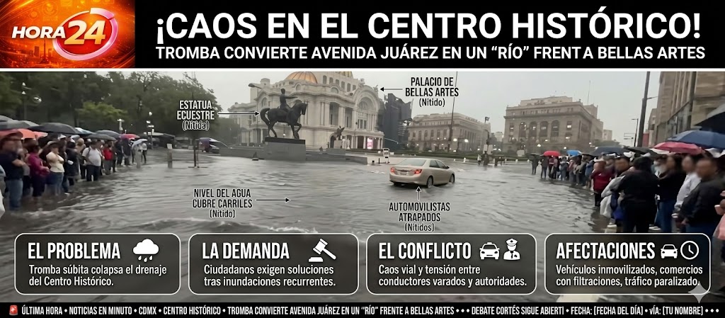 Bellas Artes bajo el agua: intensa lluvia convierte Avenida Juárez en un río en plena CDMX