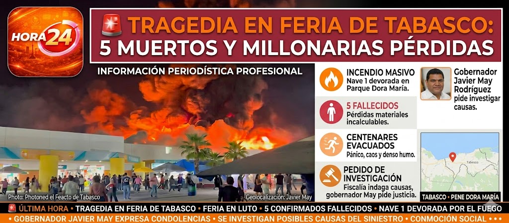 Tragedia en la Feria de Tabasco: incendio consume pabellón y deja cinco personas fallecidas