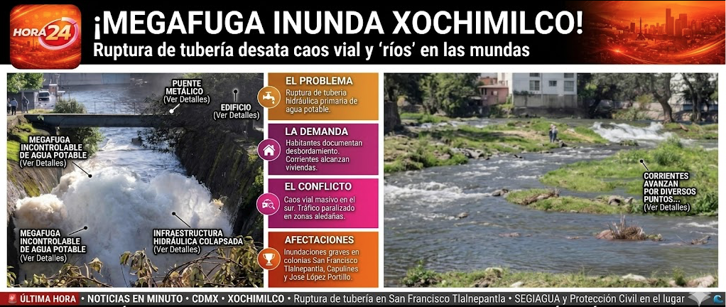 Megafuga de agua desata inundaciones y caos vial en Xochimilco