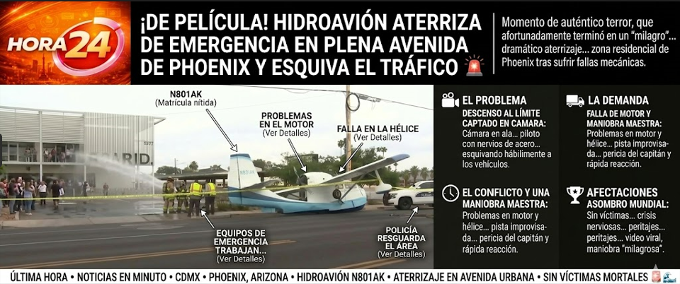 Hidroavión realiza aterrizaje de emergencia en plena zona urbana de Arizona