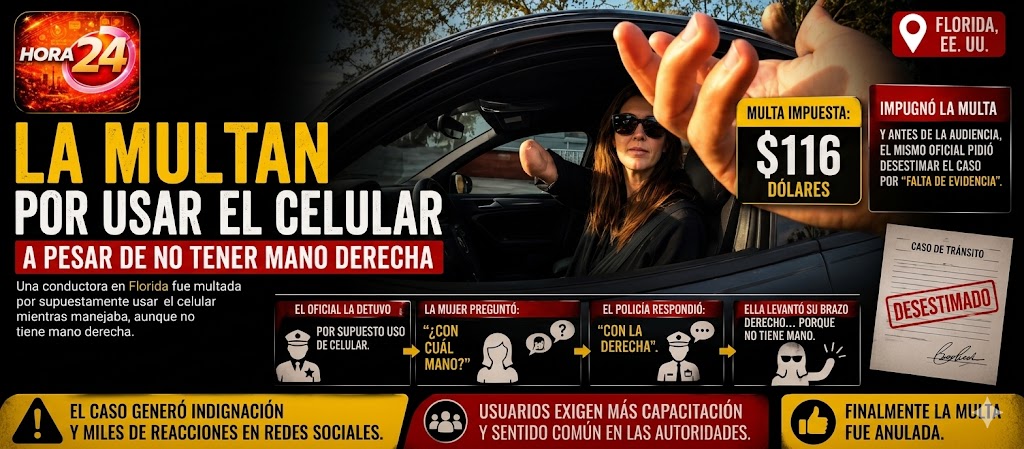 Mujer sin mano recibe multa por “usar el celular” mientras manejaba en Florida