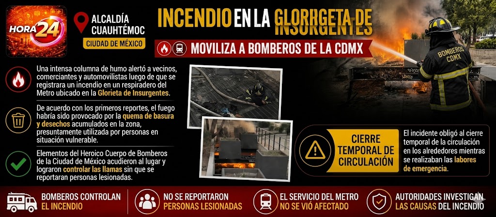 Incendio en respiradero del Metro moviliza a bomberos en la Glorieta de Insurgentes