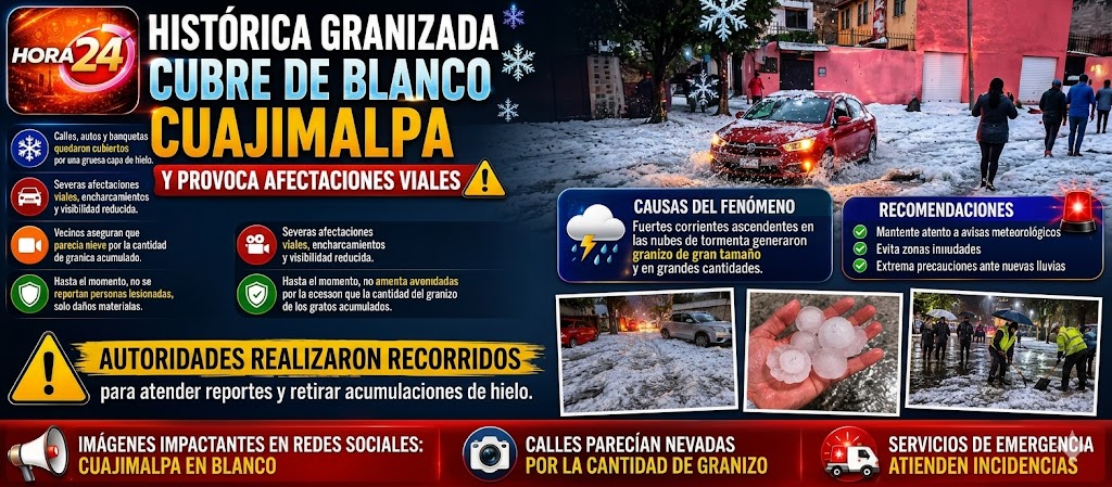 Histórica granizada cubre de blanco Cuajimalpa y colapsa la movilidad en el poniente de la CDMX