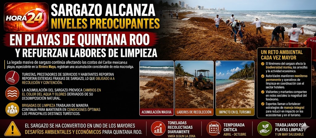 Sargazo alcanza niveles preocupantes en playas de Quintana Roo y refuerzan labores de limpieza