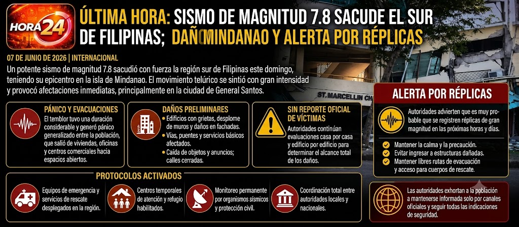 Potente sismo de magnitud 7.8 sacude el sur de Filipinas; reportan daños estructurales y activan alerta por réplicas