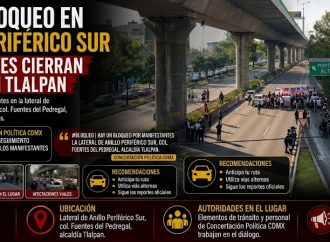 Manifestantes bloquean lateral de Periférico Sur en Tlalpan; afectan circulación en Fuentes del Pedregal