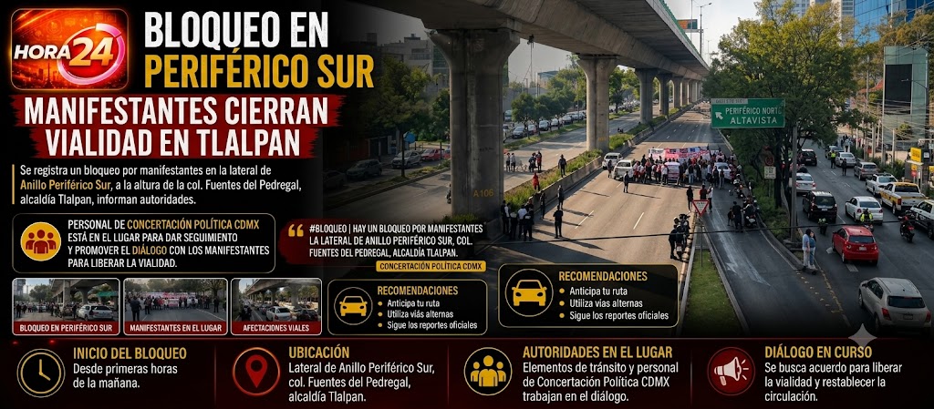 Manifestantes bloquean lateral de Periférico Sur en Tlalpan; afectan circulación en Fuentes del Pedregal