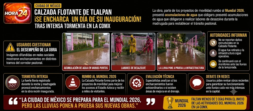 Calzada Flotante de Tlalpan se encharca a un día de su inauguración tras intensa tormenta en la CDMX