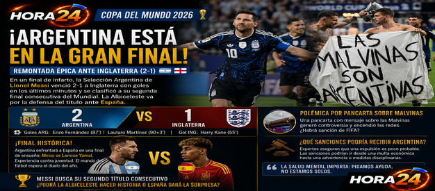Argentina remonta a Inglaterra y enfrentará a España en una final histórica; polémica por pancarta sobre Malvinas marca la previa